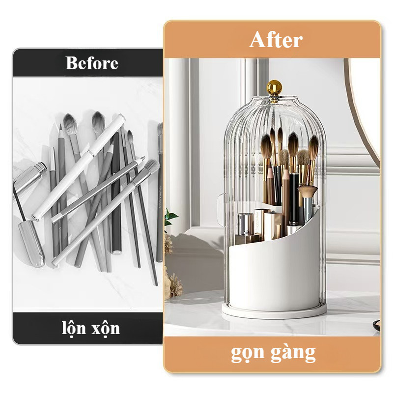 Hộp Đựng Cọ Trang Điểm Xoay 360° – Có Nắp Chống Bụi, Ống Bút Để Bàn Đa Năng Đựng Bút Viết & Mỹ Phẩm