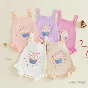Bé Gái 1st Sinh Nhật Áo Liền Quần Cupcake Thêu Đan Cổ Vuông Không Tay