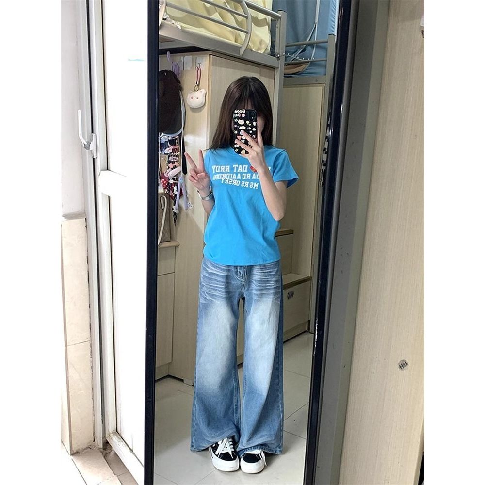 Milyfashion Áo thun Cotton Retro In Chữ Tay Ngắn Màu Xanh Hồ Nước Phong Cách Casual