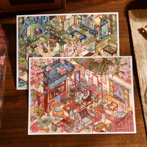 ENWEI 4 Cái [Bie Wen Shi Chun Series] Nhãn dán phong cảnh chống nước Jumbo 3D Hua Fang Feng Ya Hua Wu Cang Zhen cho sổ lưu niệm tạp chí