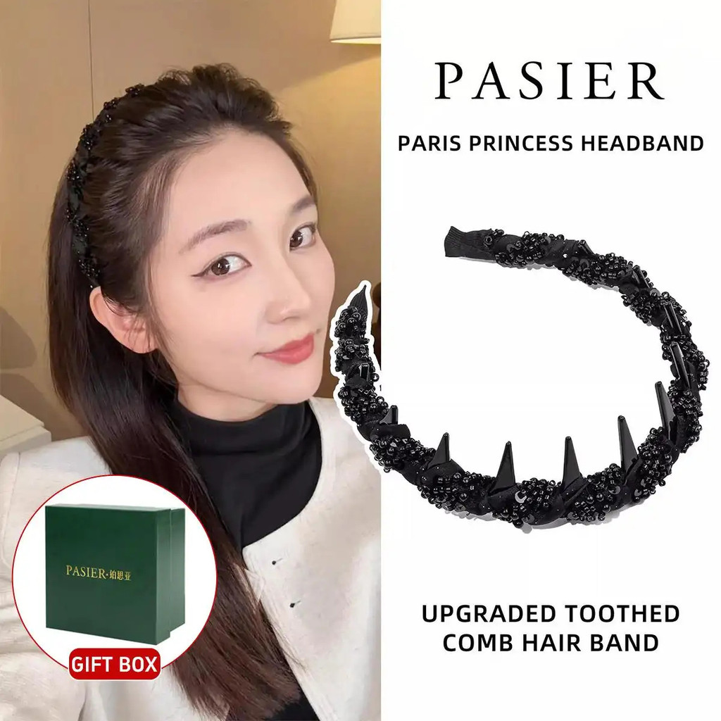 PASIER Paris Princess Crystal Headband, đính pha lê đen tinh tế, kèm hộp, FB1544