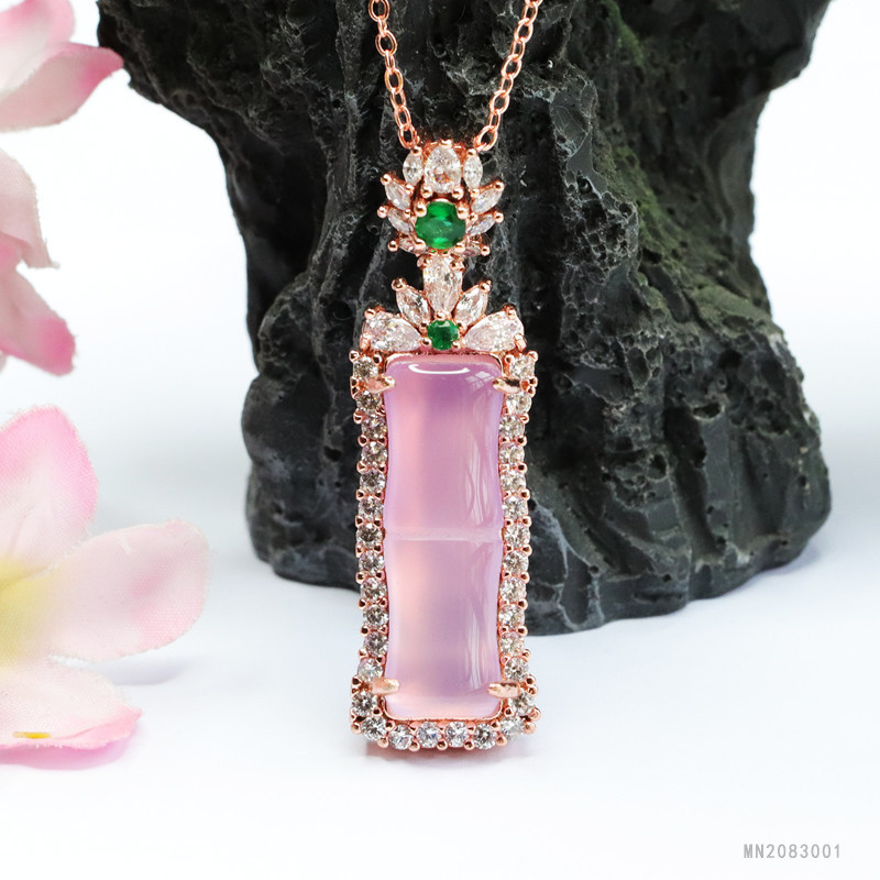Mặt dây chuyền nút tre Chalcedony màu hồng tự nhiên thời trang