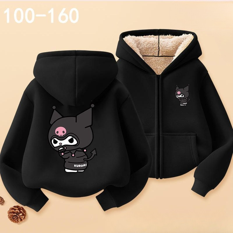 Áo Hoodie có dây buộc lông cừu Kuromi có mũ trùm đầu hoạt hình dễ thương Áo khoác thông thường ấm áp