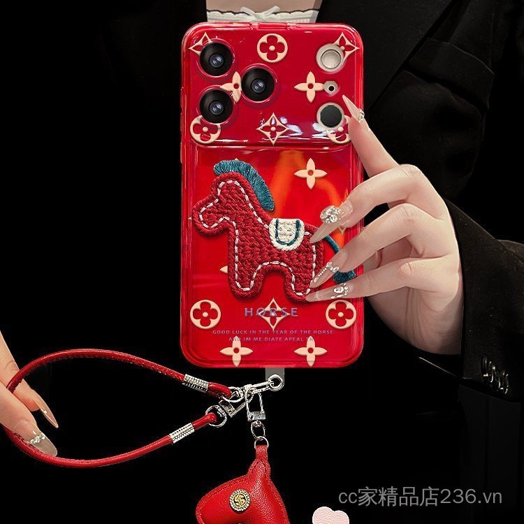 Lật Gương Họa Tiết Thêu Pony Dây Thích Hợp Cho 16promax Ốp Lưng Điện Thoại iphone17 Năm Mới Series 15 Silicone