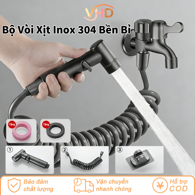 Bộ Vòi Xịt Vệ Sinh Cao Cấp - Đầu Xịt Inox 304, Dây Lò Xo 3m Chất Lượng, Kèm Giá Đỡ Dán Tường