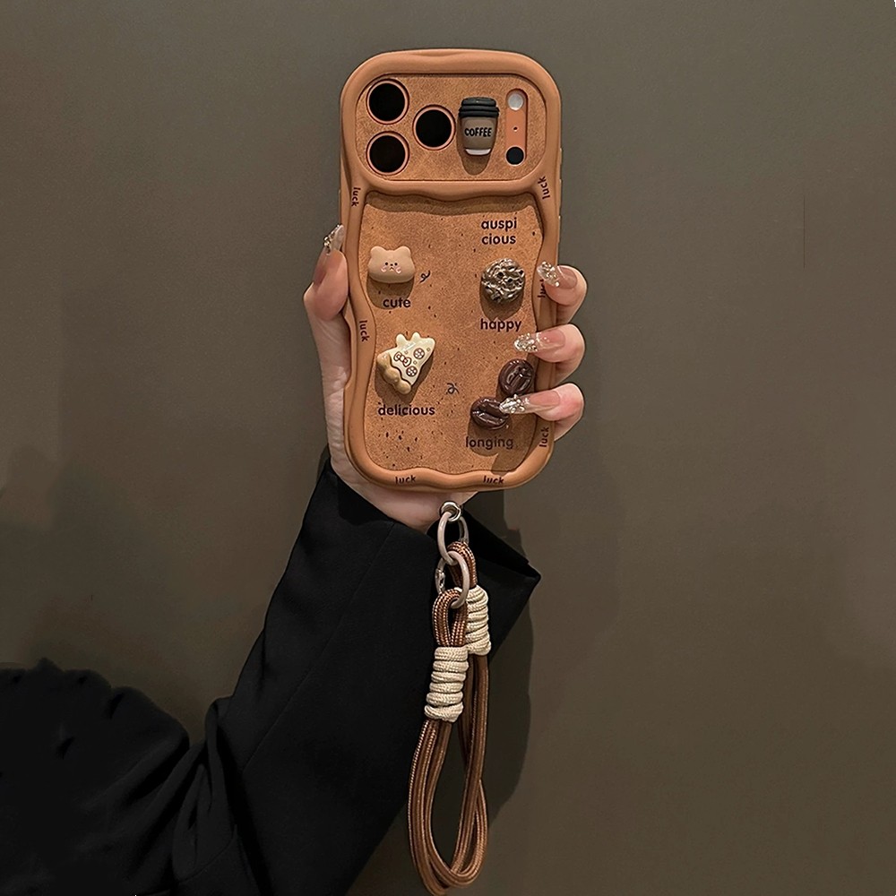 3D Gấu Chó Cà Phê Pizza + Dây Sóng Ốp Lưng Điện Thoại iPhone 17 Pro Max 16 Plus 15 14 13 12 11 Vỏ Bảo Vệ Chống Sốc