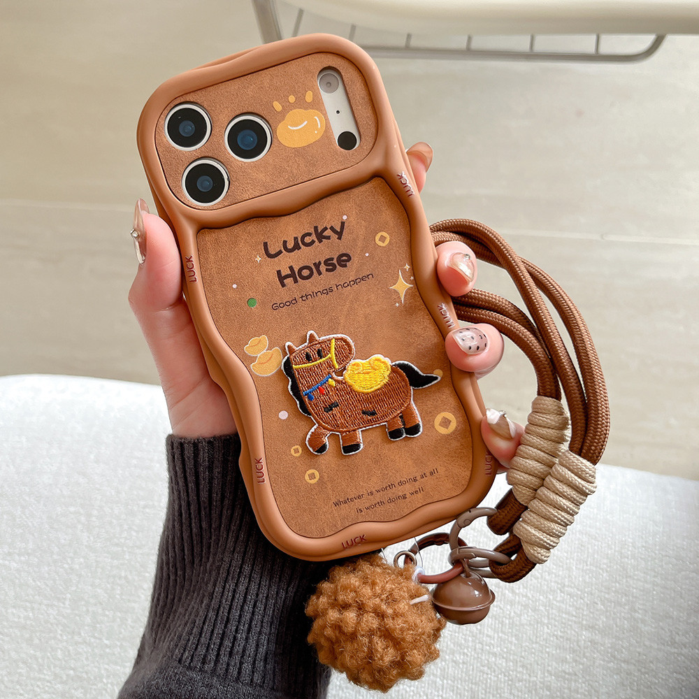 Ốp điện thoại thêu 3D Wealth Horse + Dây buộc sóng cho iPhone 17 Pro Max 16 Plus 15 14 13 Vỏ bảo vệ chống sốc