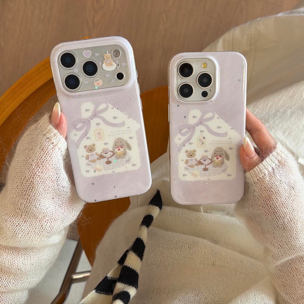 Vỏ cứng dạng bột lấp lánh Tương thích với iPhone 13 14 14Pro 14ProMax 15 15Pro 15ProMax 16 16Pro 16ProMax 17 17Pro 17ProMax Ốp họa tiết gấu nơ tím