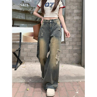 Quần jeans rách phong cách Mỹ thời trang dành cho nữ, quần ống rộng cạp cao dáng thẳng cho Mùa Hè
