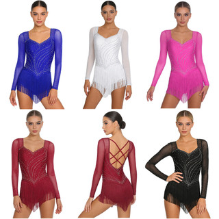Yhong Nữ Khiêu Vũ Latin Kim Cương Giả Body Lưới Tay Dài Dây Đeo Mở Lưng Tầng Tua Rua Viền Leotard Áo liền quần Cho Hình Trượt Băng Tango Rumba Dance