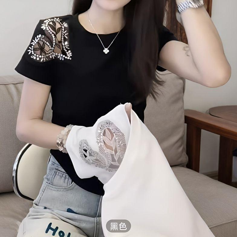 Áo thun ngắn tay nữ mùa hè với họa tiết kim cương rỗng, phong cách mới và sang trọng