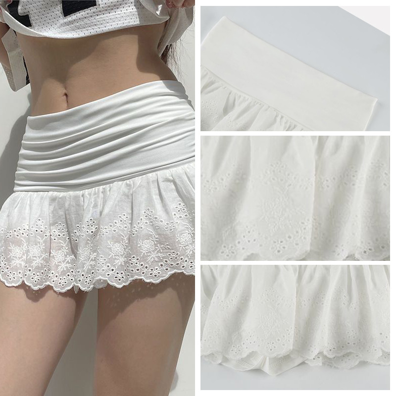 【dynamar】sẵn-Chân váy xoè ngắn cạp trễ thấp màu trắng trơn viền ren phong cách y2k nữ tính