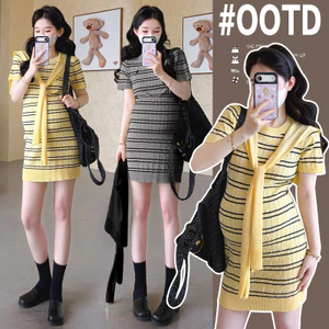 Trang phục bà bầu mùa hè Váy dệt kim dáng rộng thông thường