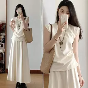 Bộ đồ thời trang nữ Mùa hè Phong cách Pháp Áo thun mỏng sang trọng Váy lưng cao Váy hai mảnh Nữ Mùa hè