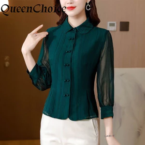 Áo sơ mi nữ màu xanh đậm cổ điển Áo sơ mi dài tay thông thường dành cho nữ