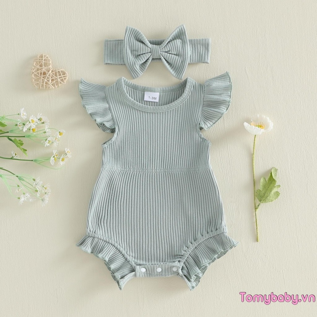 [lpDL] Bộ áo liền quần cổ tròn tay bay cho bé gái có băng đô mùa hè chắc chắn
