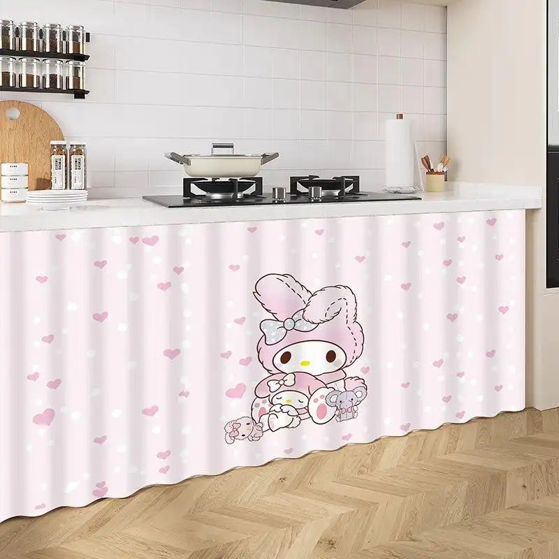 Rèm dưới bồn rửa có đường trượt – Phong cách hoạt hình Nhật Bản dễ thương, Vỏ tủ không khoan cho nhà bếp, ống chống bụi & ẩn
