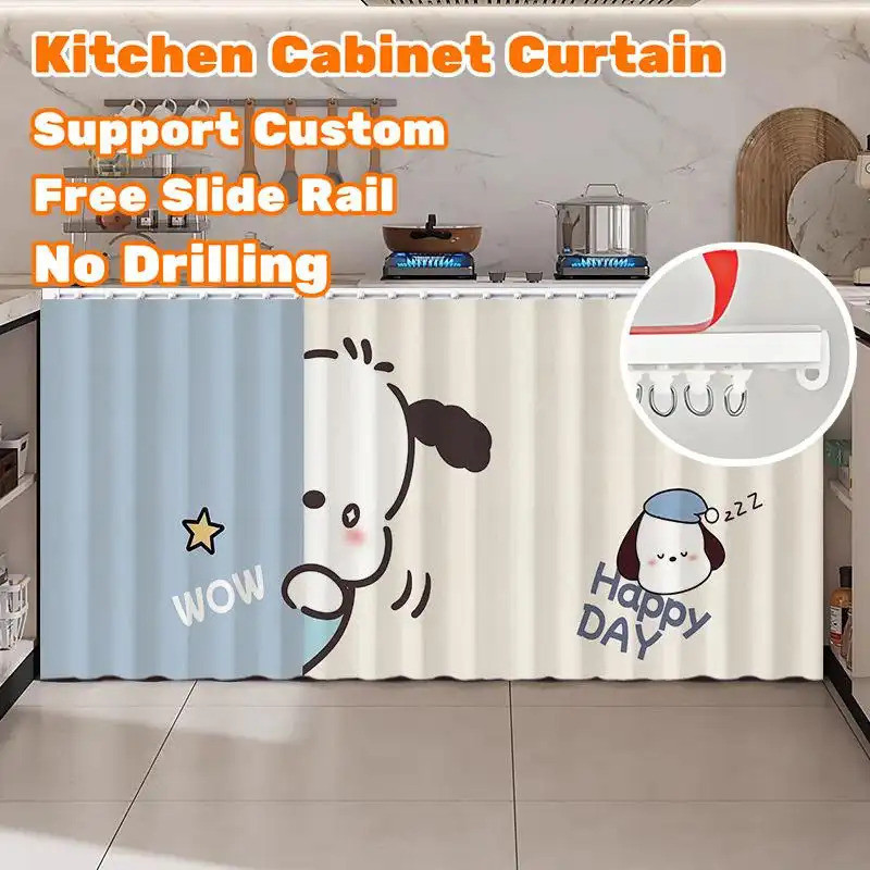 Rèm tủ dễ thương có đường ray trượt – Họa tiết động vật hoạt hình, Vỏ bồn rửa không rơi cho nhà bếp, Ống chống bụi & ẩn