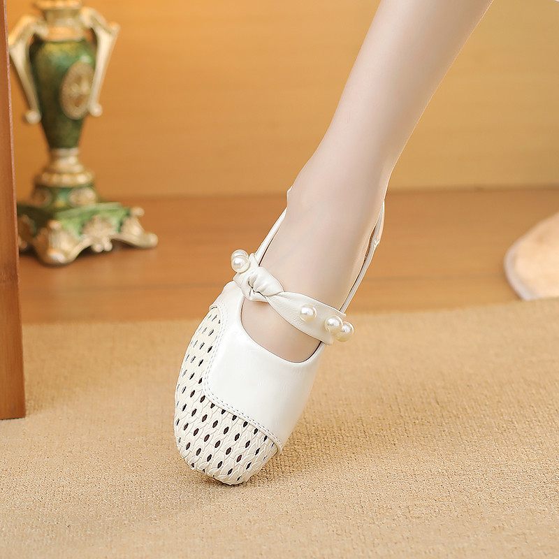 Atikota Nữ Mùa Hè Mary Jane Bơm Thoáng Khí Dệt Trên Dây Đeo Ngọc Trai Thoải Mái Khối Gót Không Trơn Trượt Giày Thường Ngày Để Mặc Hàng Ngày
