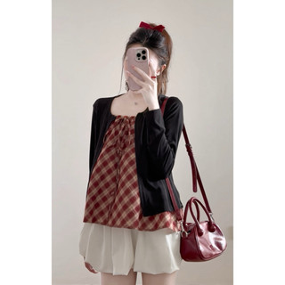 Set áo 2 dây kẻ kèm áo cardigan dài tay phong cách Hàn Quốc, Set áo kẻ Tiểu Thư Siêu Xinh