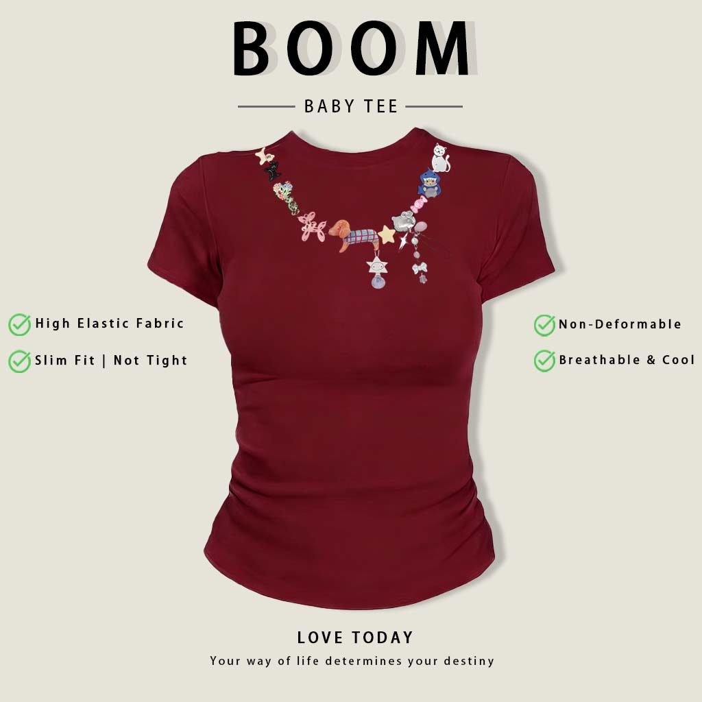 BOOM Áo Baby Tee Nữ Cotton Ôm Body-Áo Thun Ngắn Tay Y2K In Hình PhongCách Mùa Hè, Cổ Tròn Hàng Đầucách hàn quốc phongW25