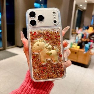 Có Tiền 3D Ngựa Vàng Túi May Mắn Lấp Lánh Quicksand Sequin Ốp Lưng Điện Thoại iPhone 17Promax 17Pro 12 13 14 15 16 Pro Max 11 15Plus Mềm Trong Suốt Nữ Vỏ Di Động