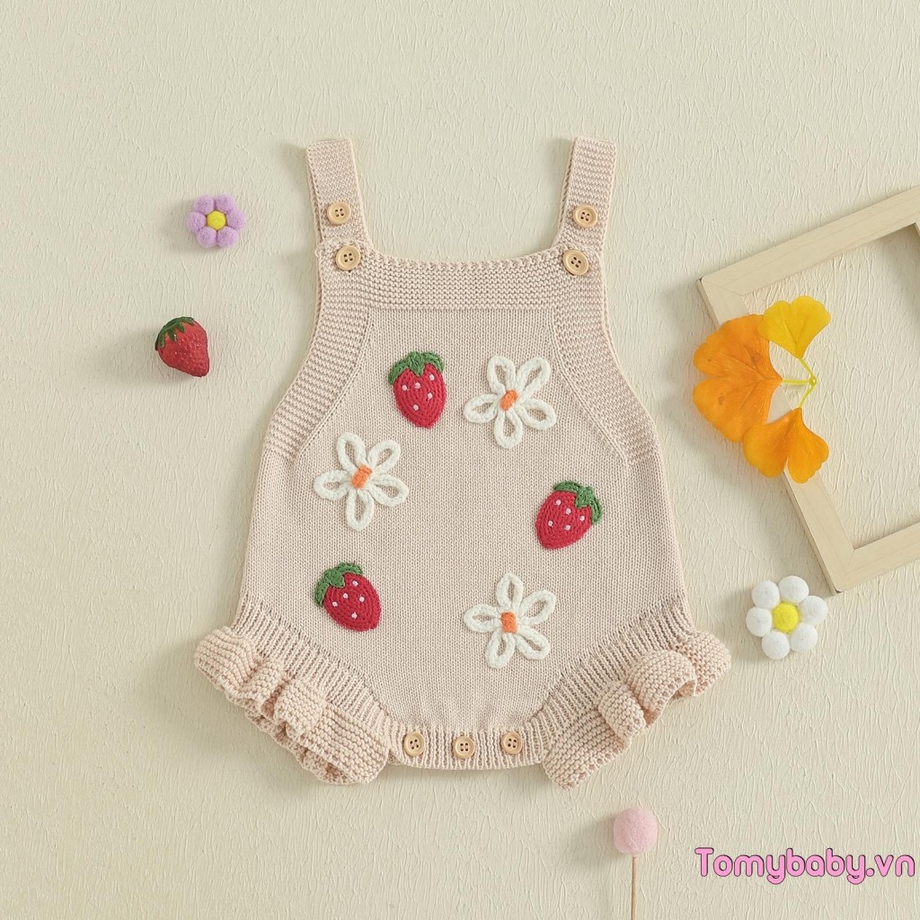 Bé Gái Đan Áo Liền Quần Móc Hoa Dâu Tây Không Tay Cổ Vuông Jumpsuit
