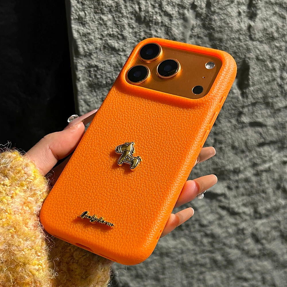 Ốp Điện Thoại Da Ngựa Chữ Vàng 3D Cho iPhone 17 Pro Max 17 Air 16 Plus 15 14 13 12 11 Vỏ Bảo Vệ Chống Sốc