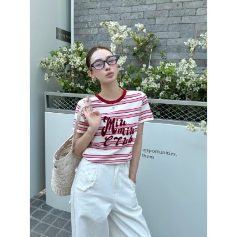 Áo thun Cotton sọc cổ tròn ngắn tay mới dành cho nữ