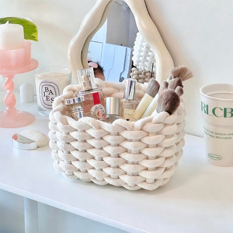 Giỏ Đan Đựng Đồ Trang Trí Bằng Sợi Cotton - Để Bàn Lưu Trữ Sản Phẩm Chăm Sóc Da, Đồ Lặt Vặt Tiện Lợi
