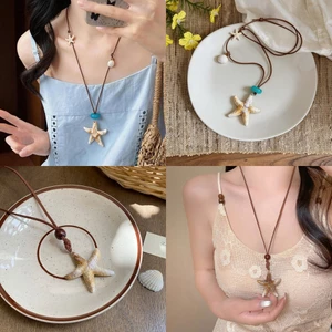 Vòng cổ bohemian mặt đá vỏ biển, dây da nâu điều chỉnh - Phù hợp mặc hàng ngày và đi biển vào mùa hè