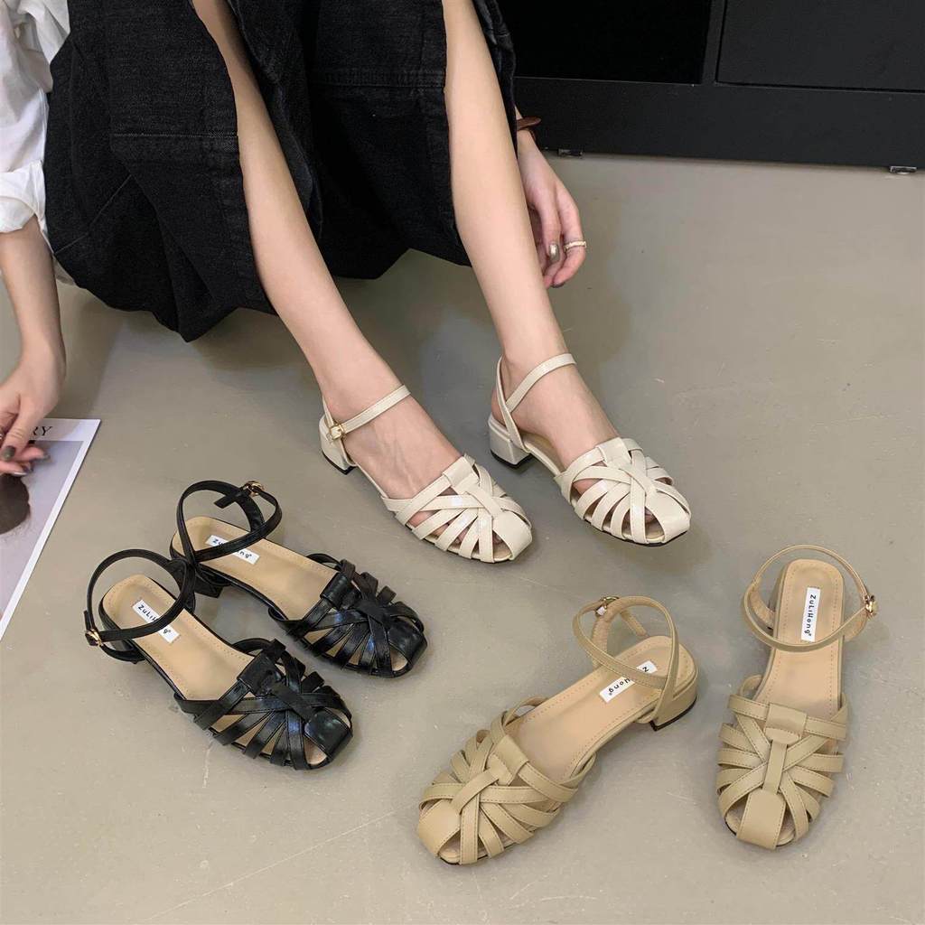 Giày Sandal Dệt TT Gót Dày Rỗng Đế La Mã Giày Nữ Da Thật Thời Trang