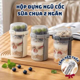 Cốc Đựng Yến Mạch Ngũ Cốc 2 Ngăn 500ML, Hũ Đựng Ngũ Cốc Có Nắp Chống Tràn Kèm Muỗng Mang Đi Tiện Lợi