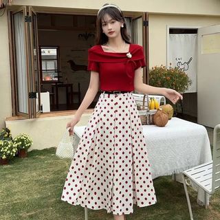 Bộ váy nữ thanh lịch phong cách Hồng Kông cổ điển, thiết kế mới mùa hè, gồm chân váy chấm bi độc đáo