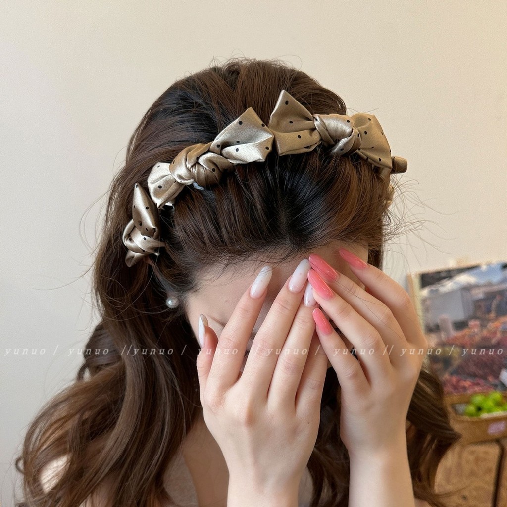 Satin Polka Dot Bow Headband Nữ Chống Trơn Trượt Tóc Vòng