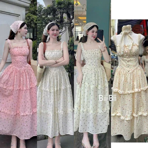 SÉT XÔ THÊU HOA ĐẦM MAXI NÚT BỌC , KHĂN VIỀN REN BYJOLIE