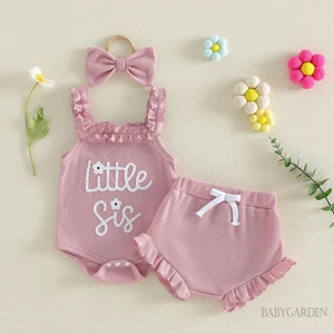 Bộ áo liền quần thêu chữ không tay cho bé gái mùa hè + quần short + băng đô
