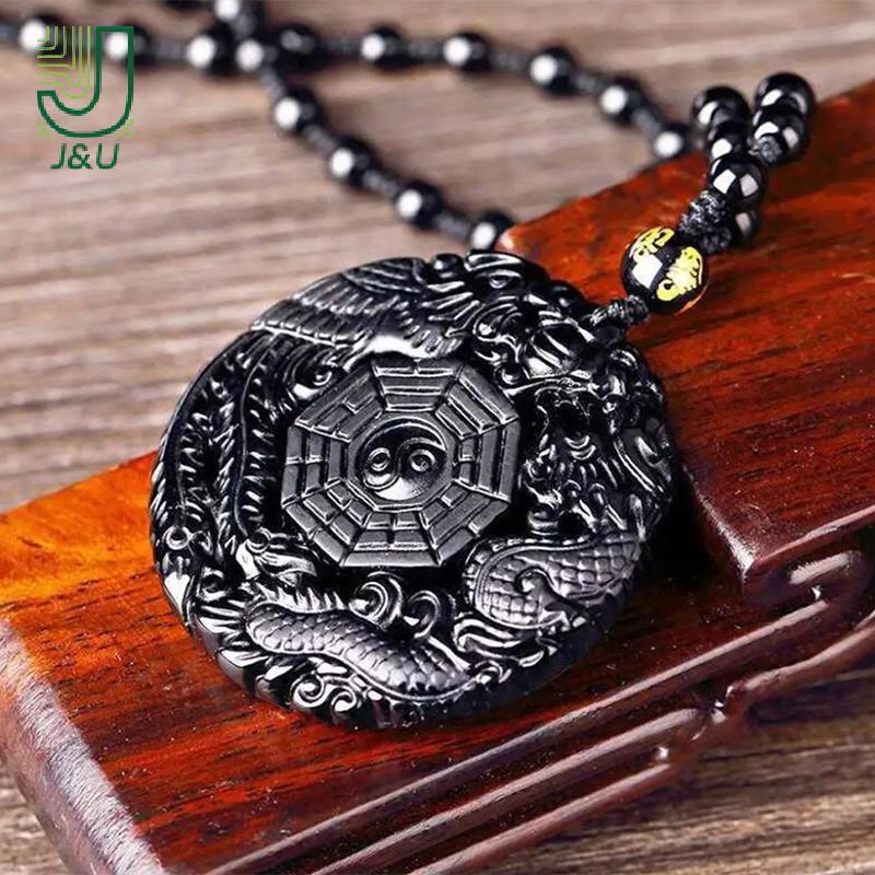 Dây chuyền obsidian tự nhiên khắc rồng và phượng hoàng, bùa hộ mệnh Bagua dành cho nữ