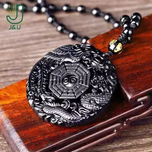Dây chuyền obsidian tự nhiên khắc rồng và phượng hoàng, bùa hộ mệnh Bagua dành cho nữ
