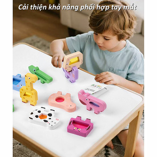 【BabyJoy】khối xếp chồng gỗ cầu vồng hình học,đồ chơi Montessori phát triển kỹ năng vận động tinh