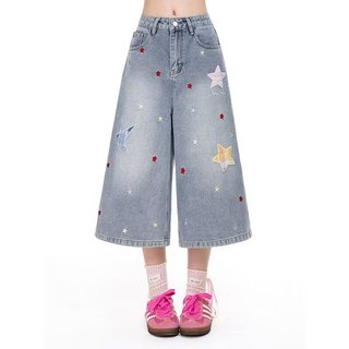 Dịch Chuangzhe Quần Jean Bảy Phần Nam Nữ - Thiết Kế Retro Đường Phố, Miếng Dán Ngôi Sao Cao Cấp