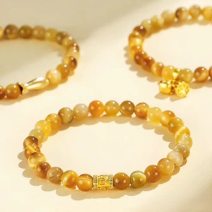 Vòng tay mắt hổ vàng phong cách mới • Om Mani Padme Hum • Thiết kế cá vàng & tre • Trang sức nữ thanh lịch