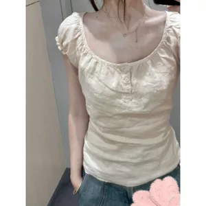 Thiết kế vải lanh Cotton phong cách mới Slim-fit Hot Girl Sweet Bubble Top Áo ngắn tay ngắn Áo thun giảm tuổi mùa hè-