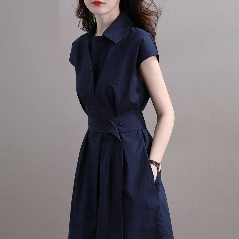 Đầm chữ A midi màu xanh navy dành cho nữ, phù hợp làm việc hàng ngày