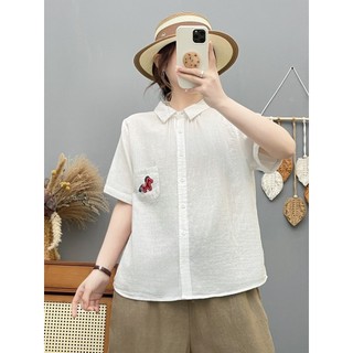 Áo sơ mi nữ cotton cao cấp, họa tiết hoạt hình mùa hè, túi thêu pony rời