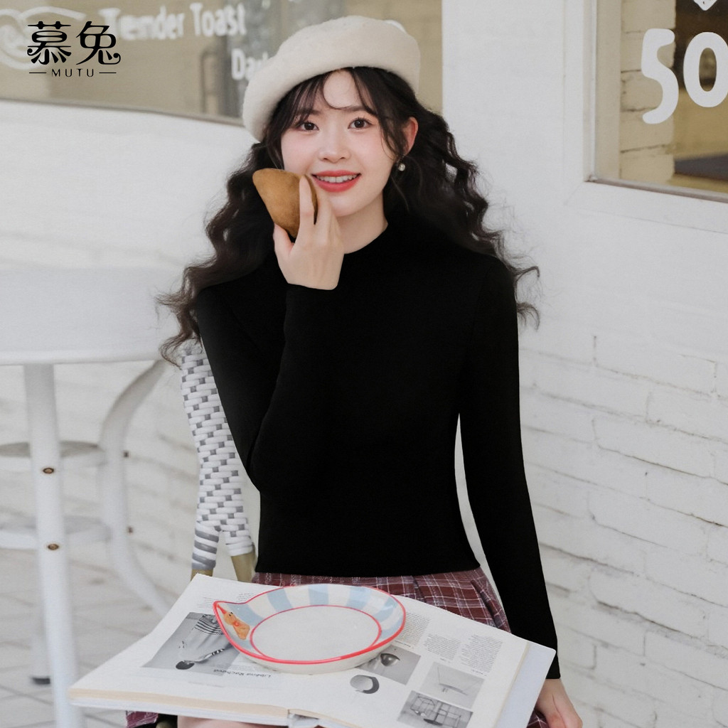 Mutu Áo sơ mi nữ mùa đông lông cừu-fleece, nửa cổ dệt kim, phong cách sang trọng
