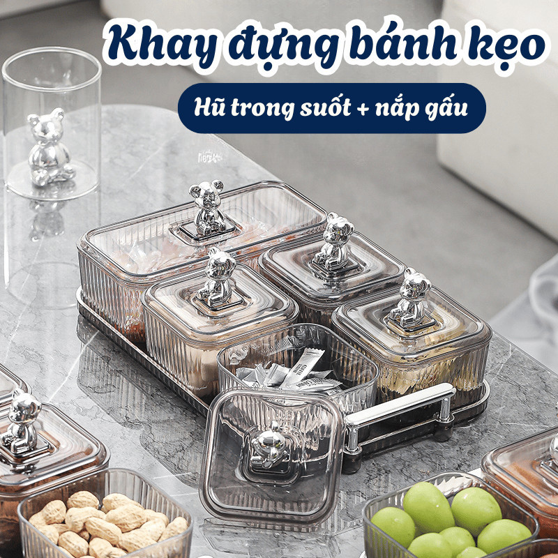 Khay Đựng Mứt Tết Trong Suốt Nắp Gấu Bearbrick Kèm Khay – Hũ Đựng Bánh Kẹo, Trái Cây Khô Sang Trọng