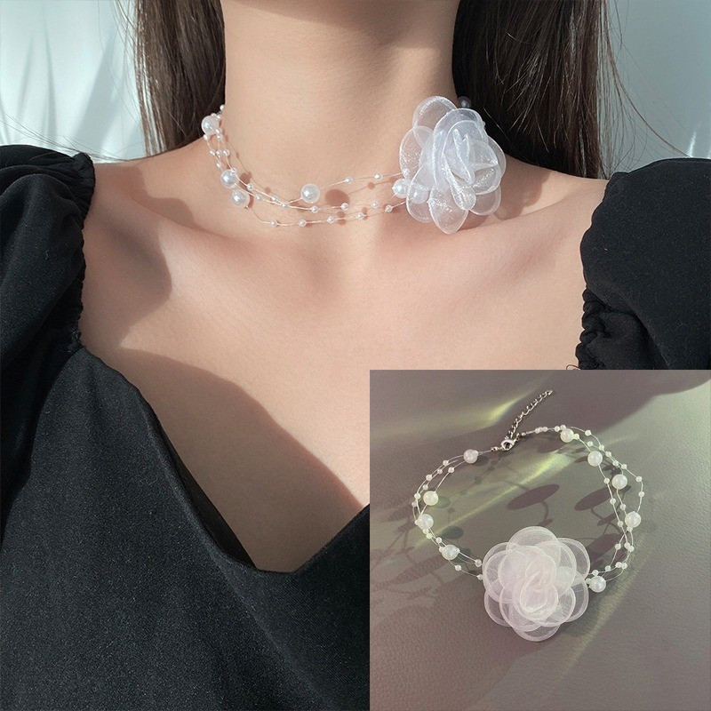 Ngọt Ngào Nhiều Lớp Lưới Camellia Vòng Cổ Ngọc Trai Thời Trang Đính Hạt Xương Đòn Dây Chuyền Cho Bé Gái