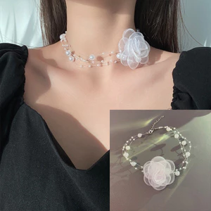 Ngọt Ngào Nhiều Lớp Lưới Camellia Vòng Cổ Ngọc Trai Thời Trang Đính Hạt Xương Đòn Dây Chuyền Cho Bé Gái