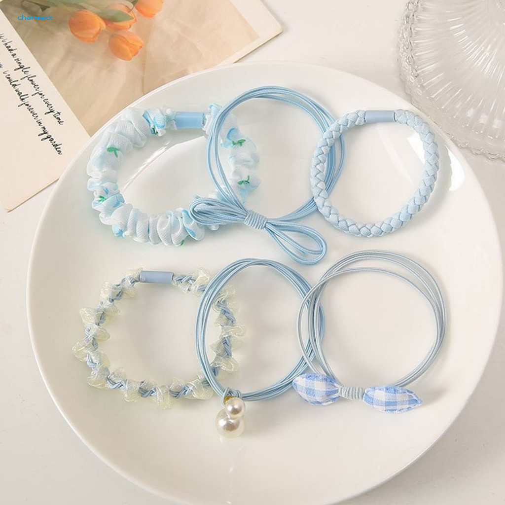 Dây buộc tóc đàn hồi cao, gồm 6 sợi bện cùng ngọc trai giả và nơ - Mềm mại, bảo vệ tóc của bạn